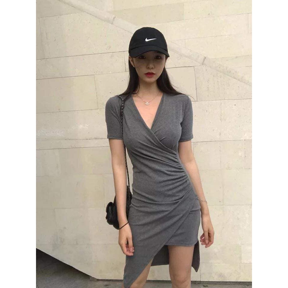 539N - Đầm ôm body cổ tim chéo, vạt chéo xéo tà 1 bên, tay ngắn