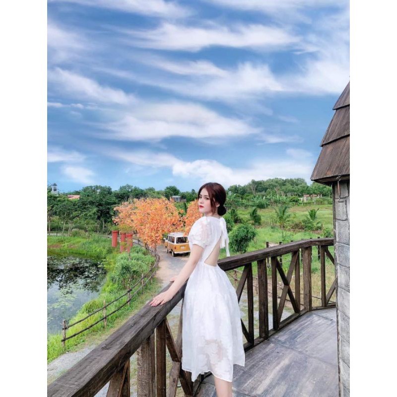 Váy đầm nữ xòe đi biển đi tiệc cột nơ hở lưng bo chun chất ren hoa nổi V0088 freesize AĐ BOUTIQUE