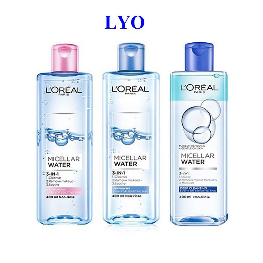 Nước tẩy trang Loreal  L'Oreal Paris 3 in 1 Micellar Water 400ml hồng / xanh sạch sâu / tươi mát chính hãng