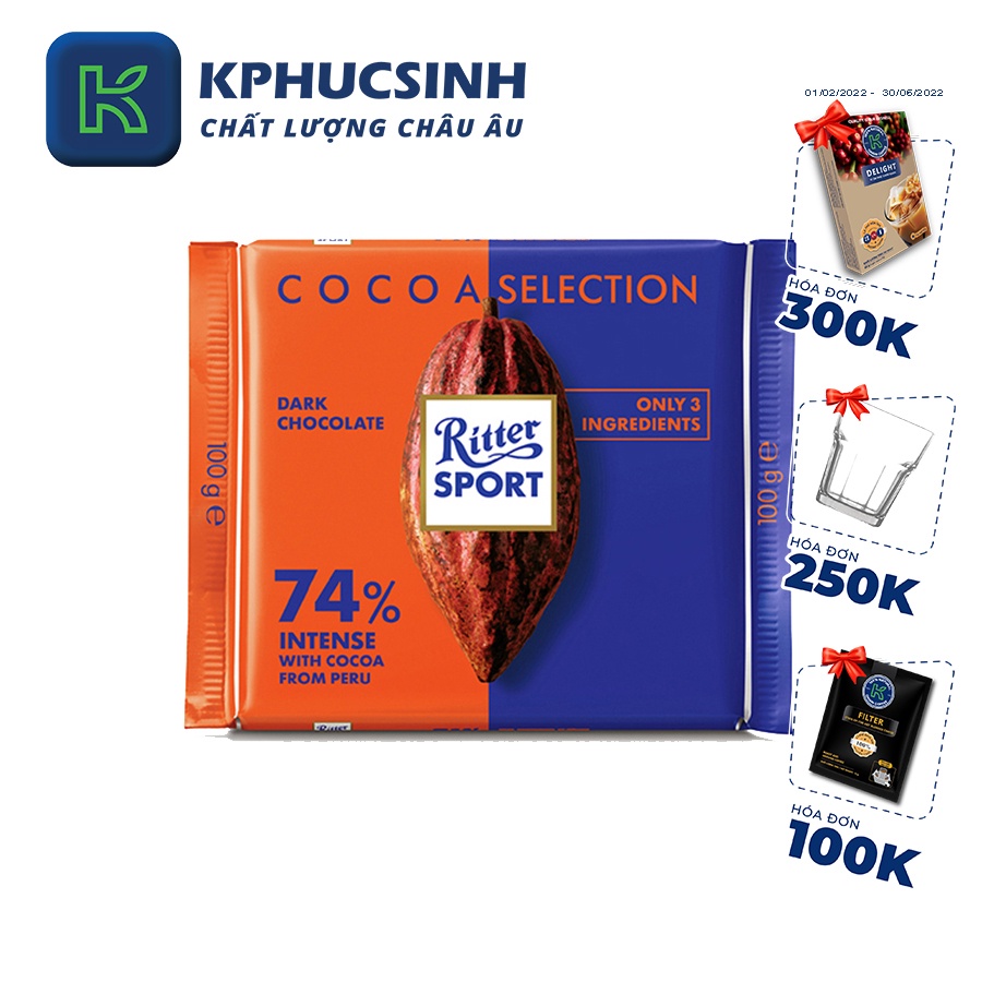 Socola ca cao nguyên chất 74% cacao thương hiệu Ritter Sport 100G Hàng nhập khẩu KPHUCSINH - Hàng Chính Hãng