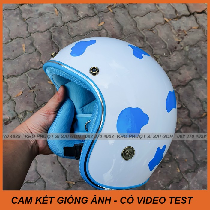 GIỐNG ẢNH - Nón 3/4 bò sữa đi phượt trắng lót xanh dương giá kho - Mũ bảo hiểm 3/4 trắng lót xanh dán Sticker bò sữa