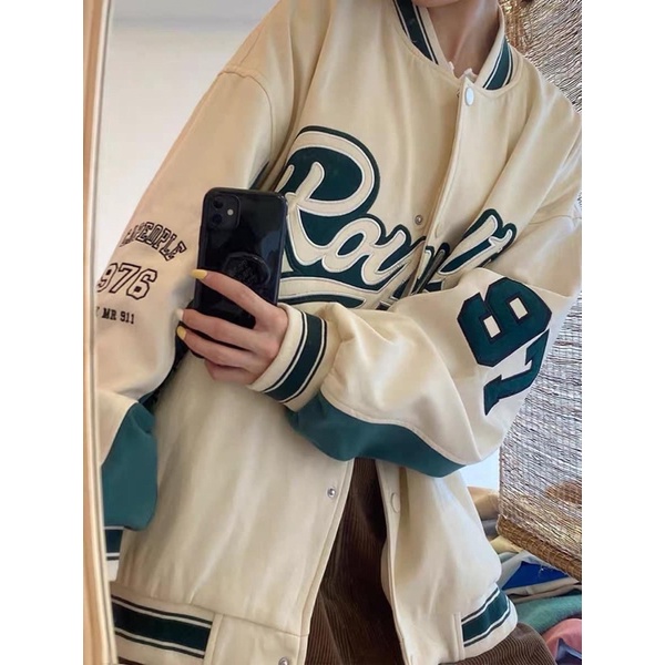 Áo Khoác Bomber Unisex, Áo Bomber Bóng Chày Royalty Form Rộng Chất Gió Và Kaki