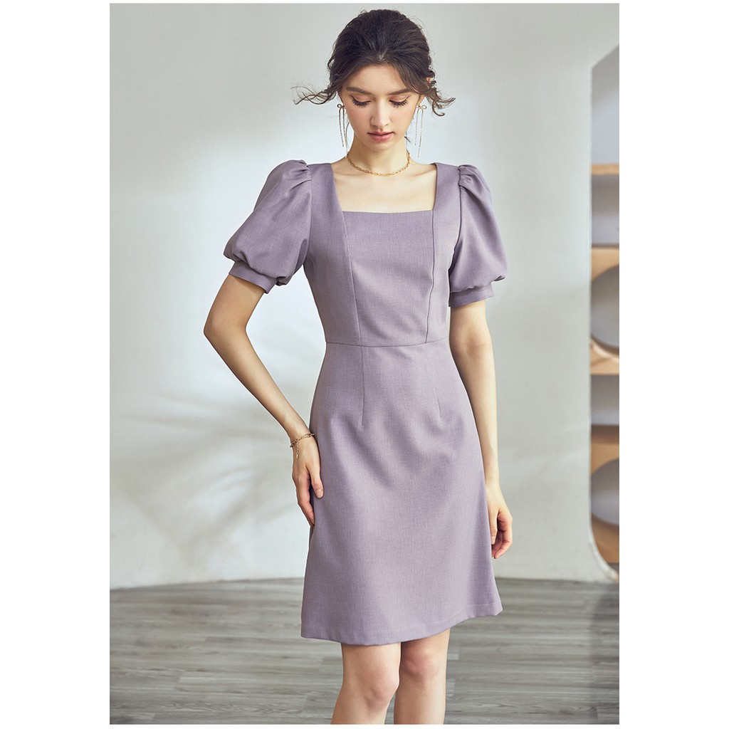 Đầm chữ A suông cổ vuông tay phồng màu tím
