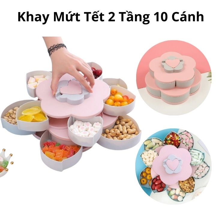 Khay Mứt Tết 2 Tầng Hình Hoa, Hộp Đựng Bánh Kẹo Xoay 360 Độ Có Khe Cắm Điện Thoại