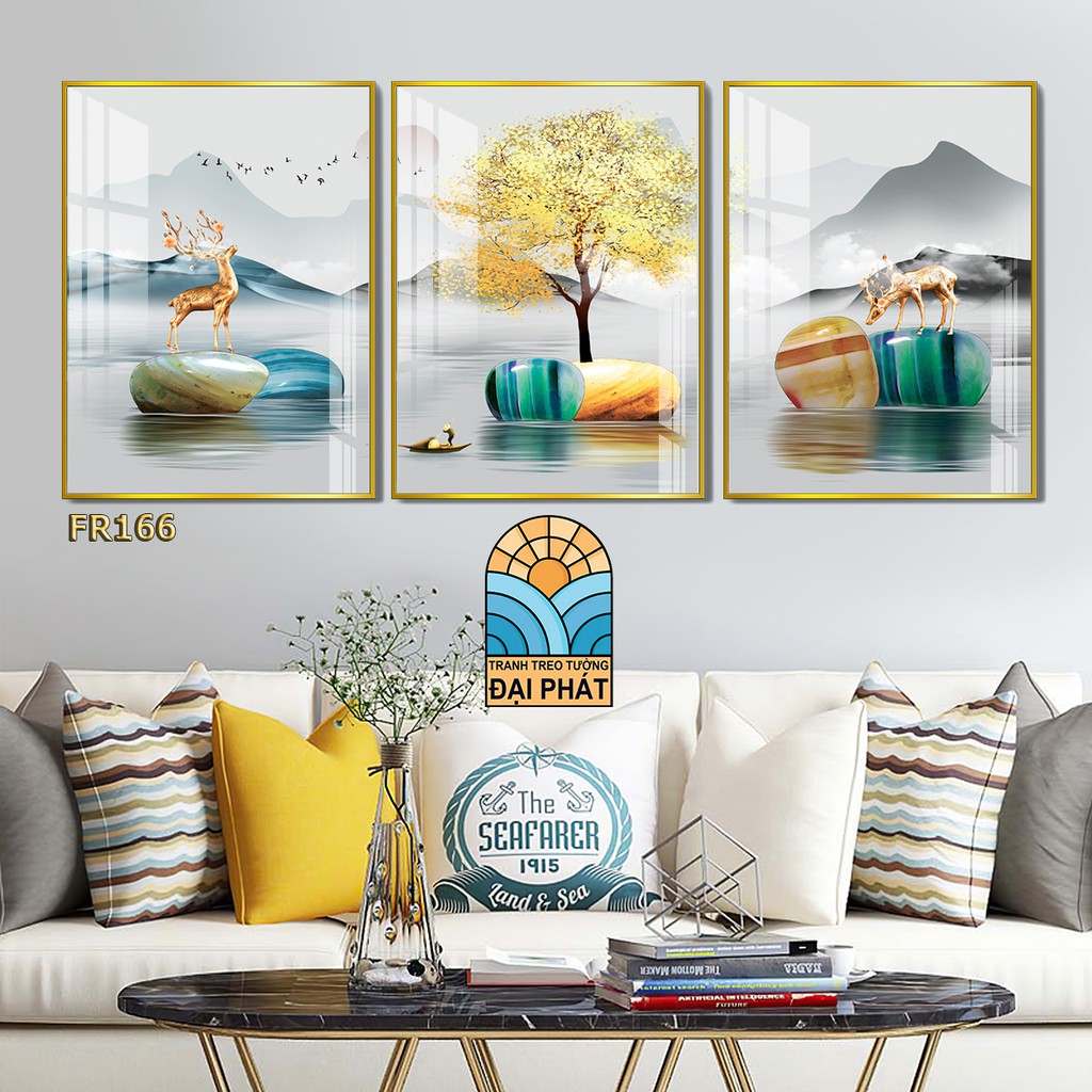 Bộ 3 tranh treo tường tone vàng kim tiền phong thủy treo tết