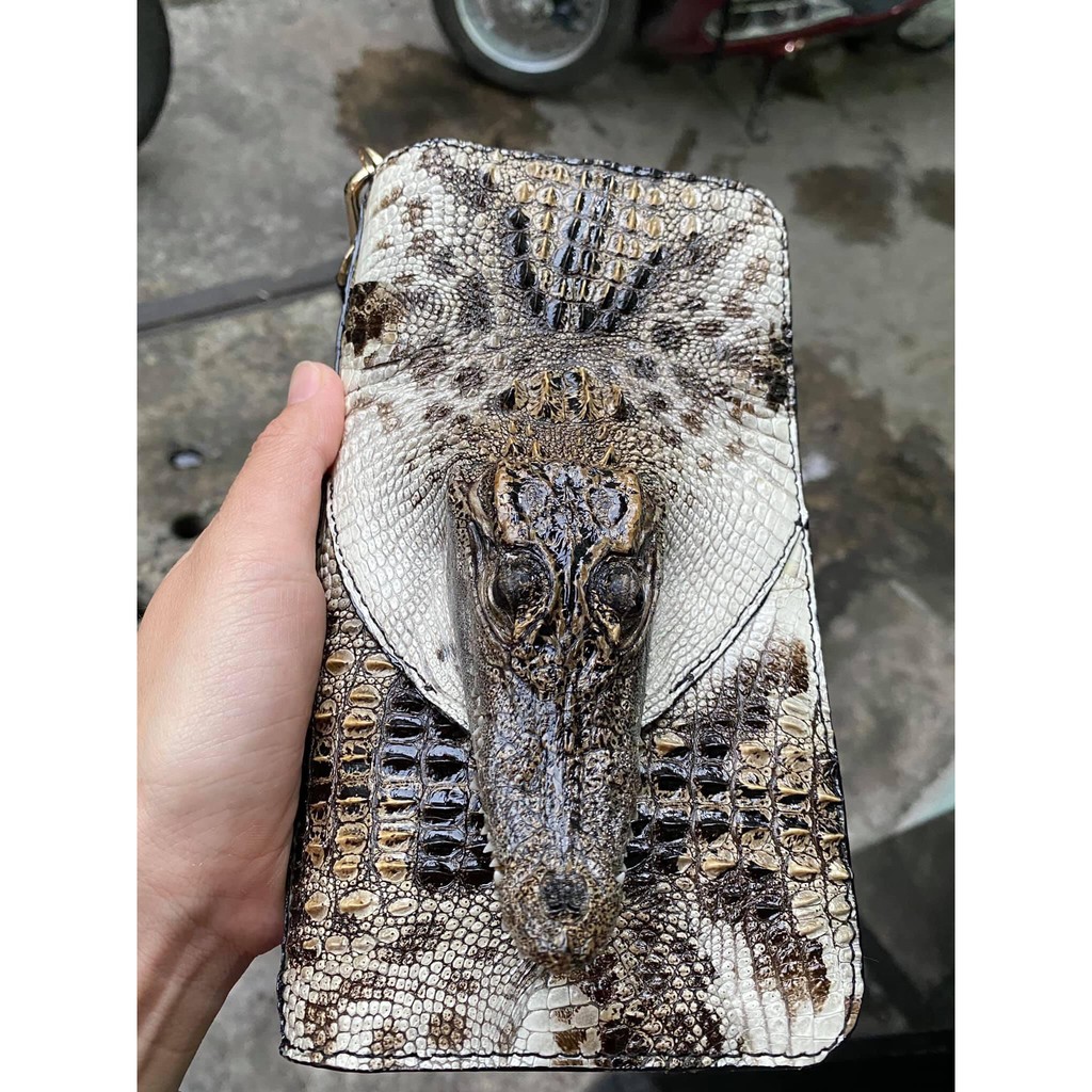 VÍ CẦM TAY ĐẦU DA CÁ SẤU MÀU NGUYÊN THỦY THẬT 100% 2 DÂY KÉO 22X12CM