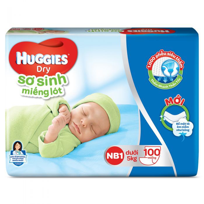 Miếng lót sơ sinh Huggies Dry NB 1 - 100 miếng/ NB2 - 60 miếng