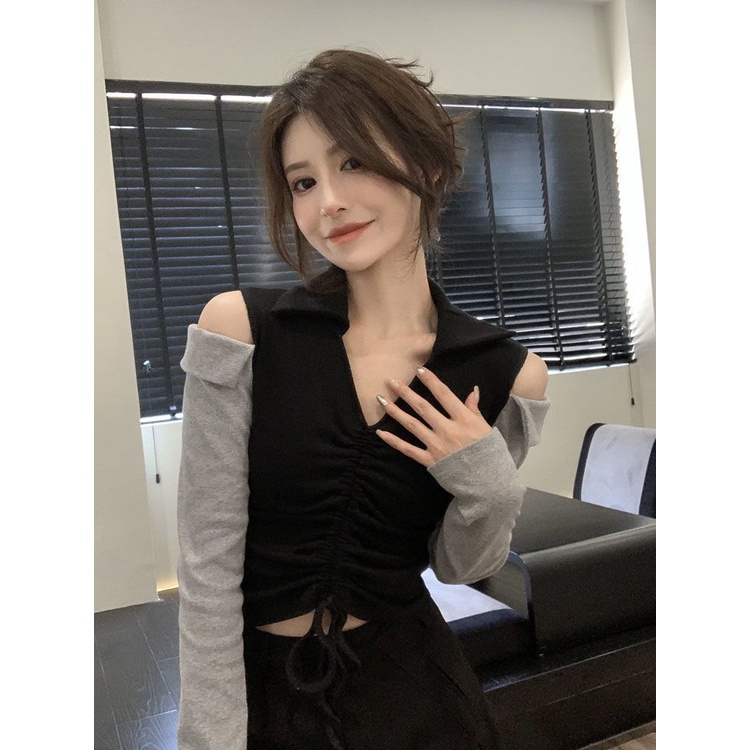 Áo Thun Dài Tay Trễ Vai Cổ Chữ V Eo Cao Phối Dây Rút JL-TX-527