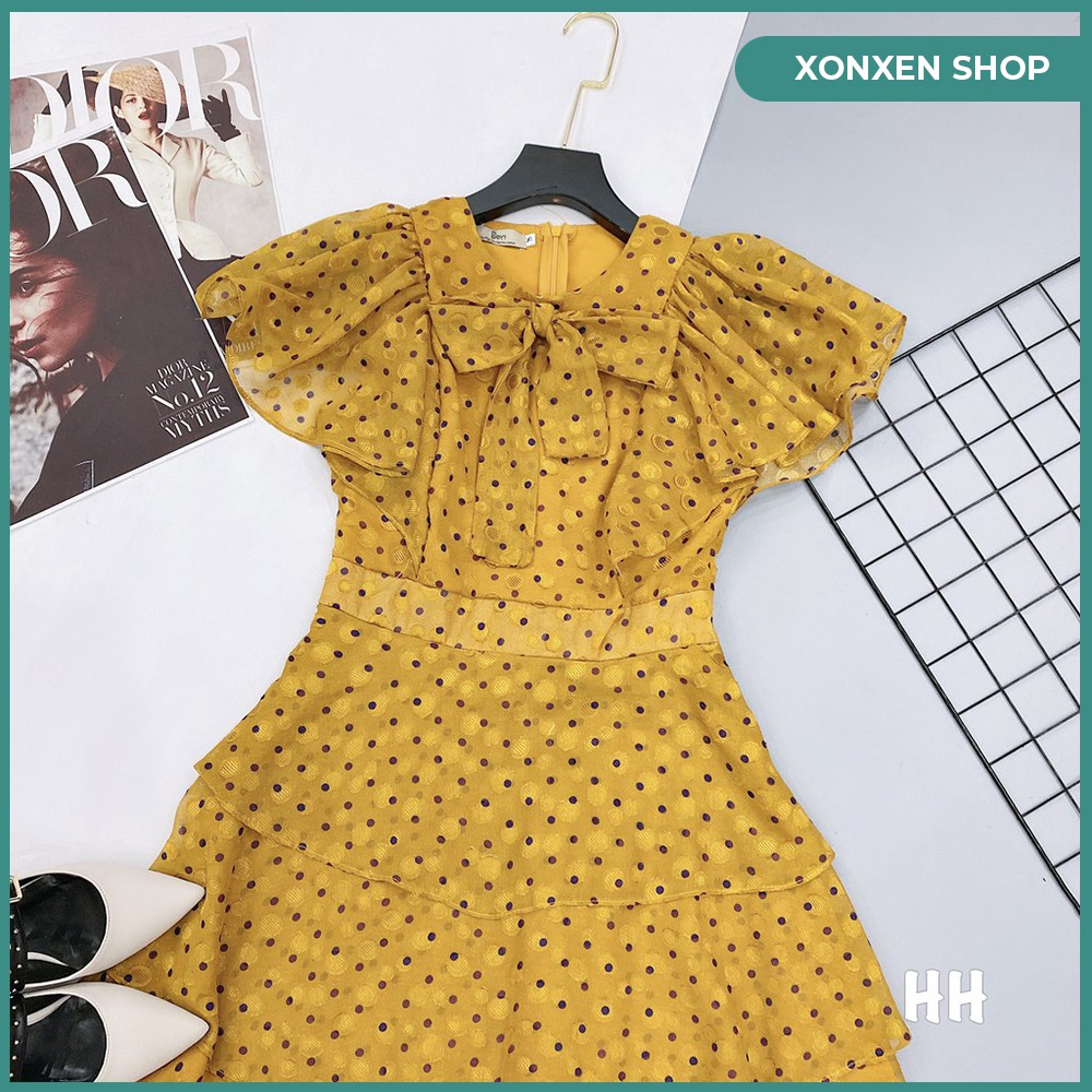 Áo đầm nữ, áo đầm voan chấm bi 3 tầng XONXEN SHOP HUẾ chất vaon mềm mịn sang chảnh size s m, mã 41