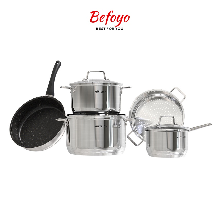 Bộ nồi chảo Inox cao cấp MUTLICH MG255I dùng cho mọi loại bếp gas, bếp từ, bảo hành 36 tháng - Befoyo
