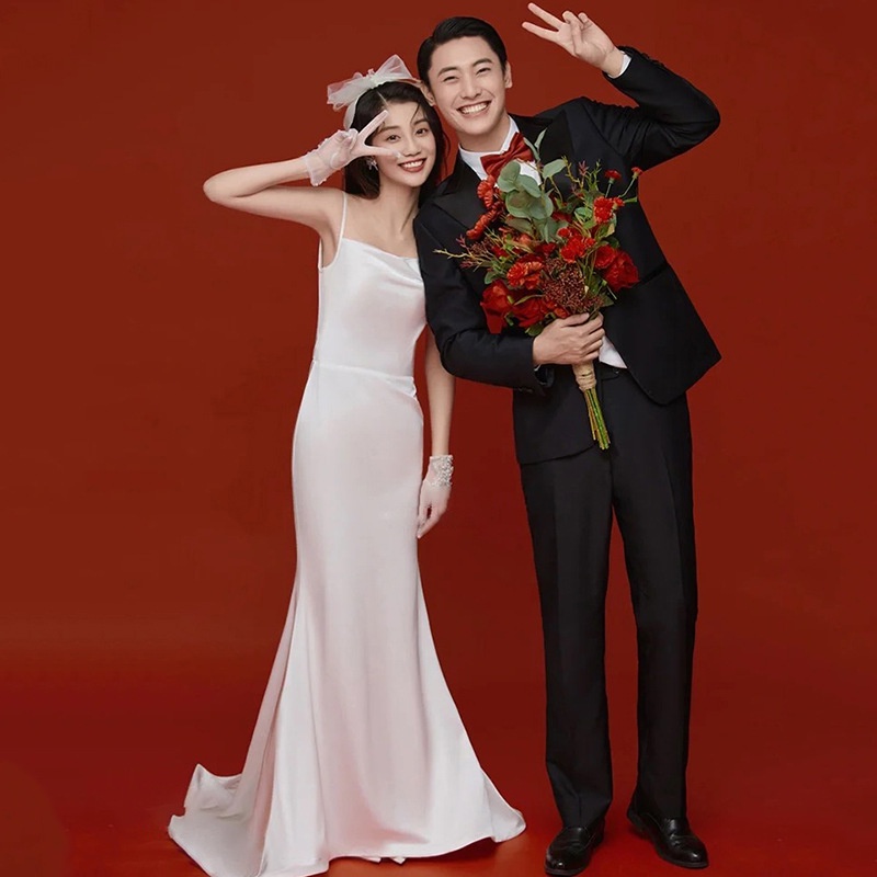 Fr Đầm Cưới Đuôi Cá Hai Dây Vải Satin Trắng Siêu Nhẹ Gợi Cảm Chụp Hình Du Lịch Đi Chơi Tối