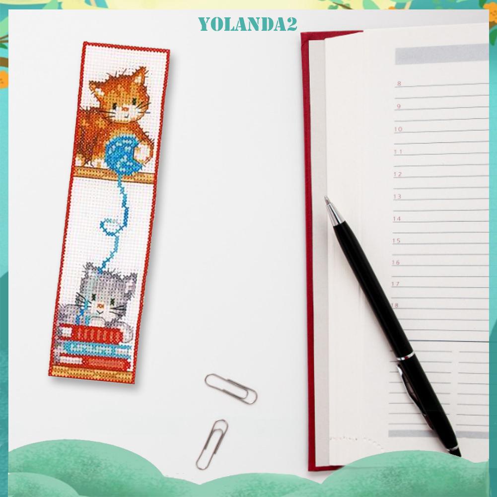 (canvas no printing)  Bộ dụng cụ đánh dấu sách vải cotton 14CT thêu hình mèo dễ thương