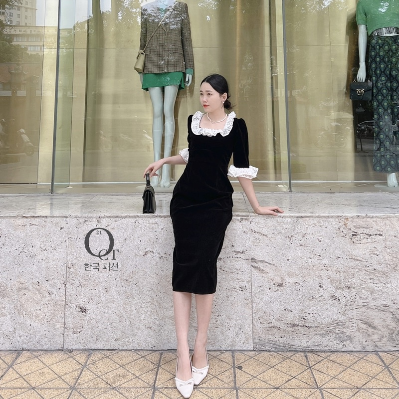 Đầm body cổ vuông - nhung phối ren