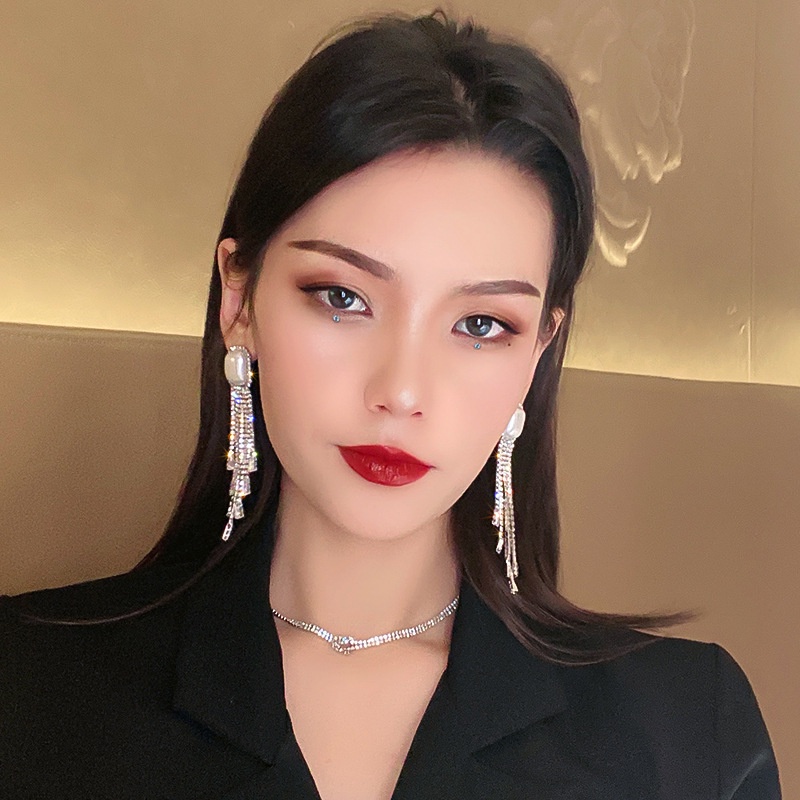 Bông Tai Bạc 925 Dáng Dài Đính Kim Cương Lấp Lánh Phong Cách Hàn Quốc Mới