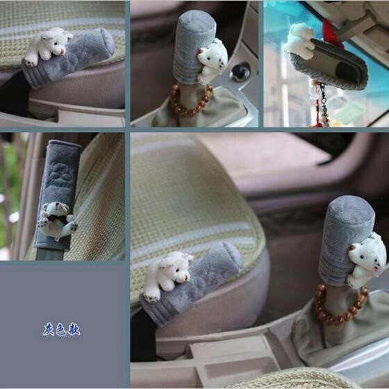 SET BỌC SEATBELT + PHANH TAY + CẦN SỐ + VÍ GẮN KÍNH CHE NẮNG XE Ô TÔ HÌNH GẤU DỄ THƯƠNG