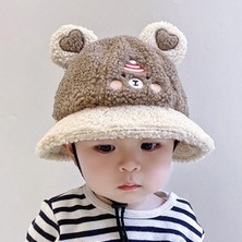 Mũ bucket lông giả hình gấu dễ thương giữ ấm chống gió cho bé 2-8 tuổi