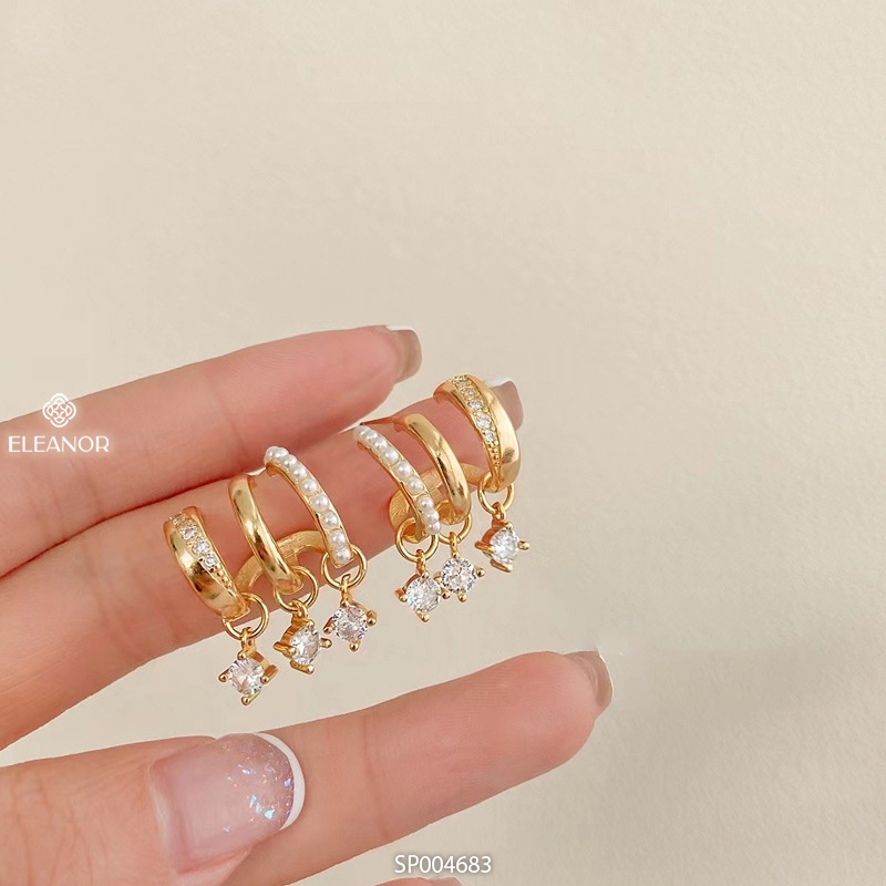 Bông tai nữ chuôi bạc 925 Eleanor Accessories đính đá ngọc trai nhân tạo phụ kiện trang sức dáng cong ba vòng