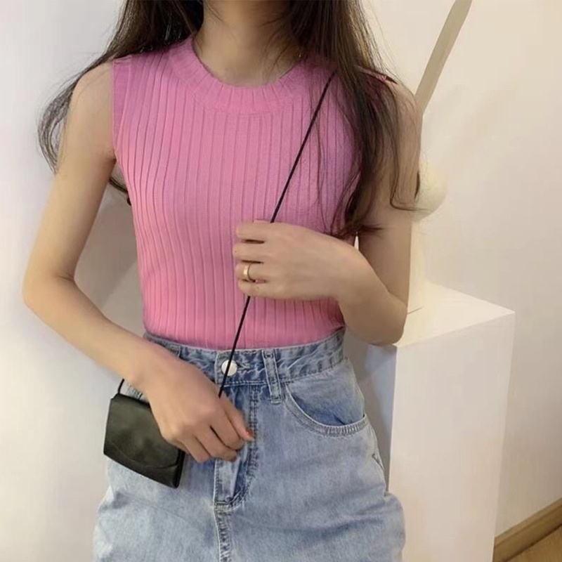 Xiangbao Áo Crop Top Dệt Kim Không Tay Cổ Tròn Màu Trơn Ôm Dáng Co Giãn Thời Trang Mùa Hè Cho Nữ