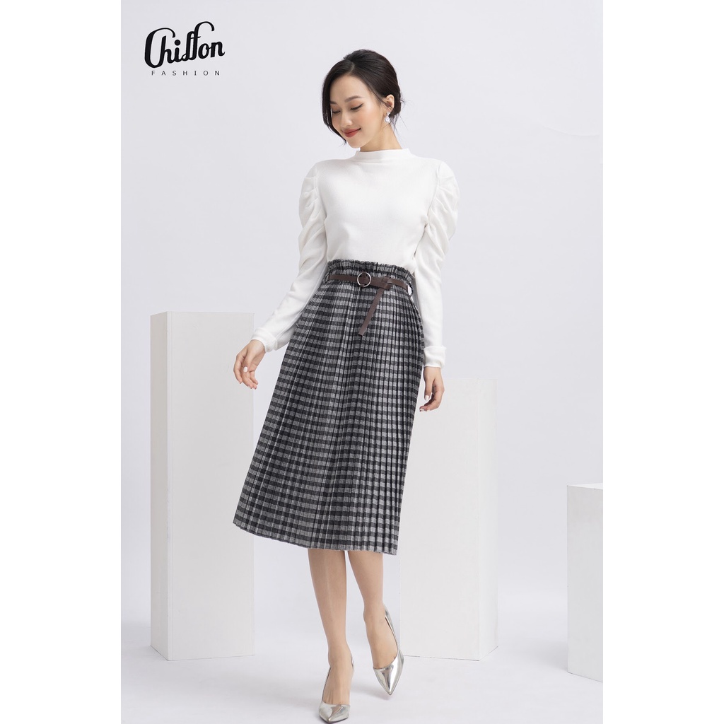 Chân váy dạ kẻ xếp ly dáng dài kem đai thiết kế by Chiffon (freesize)