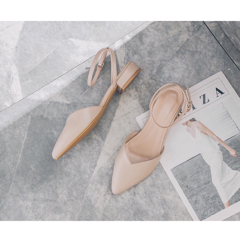 Giày búp bê nữ gót thấp kiểu dáng mũi tim đơn giản có dây sandal - SB43 - Oula Store