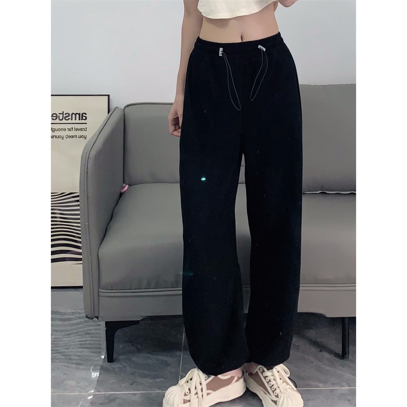 Quần Thể Thao Nữ Dài Lưng Cao Ống Rộng Màu Đen Phong Cách Hàn Quốc