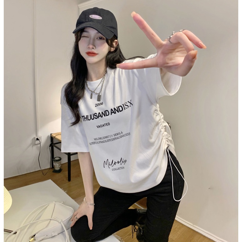 Áo Thun Tay Ngắn In Chữ Phối Dây Rút Thời Trang Cá Tính