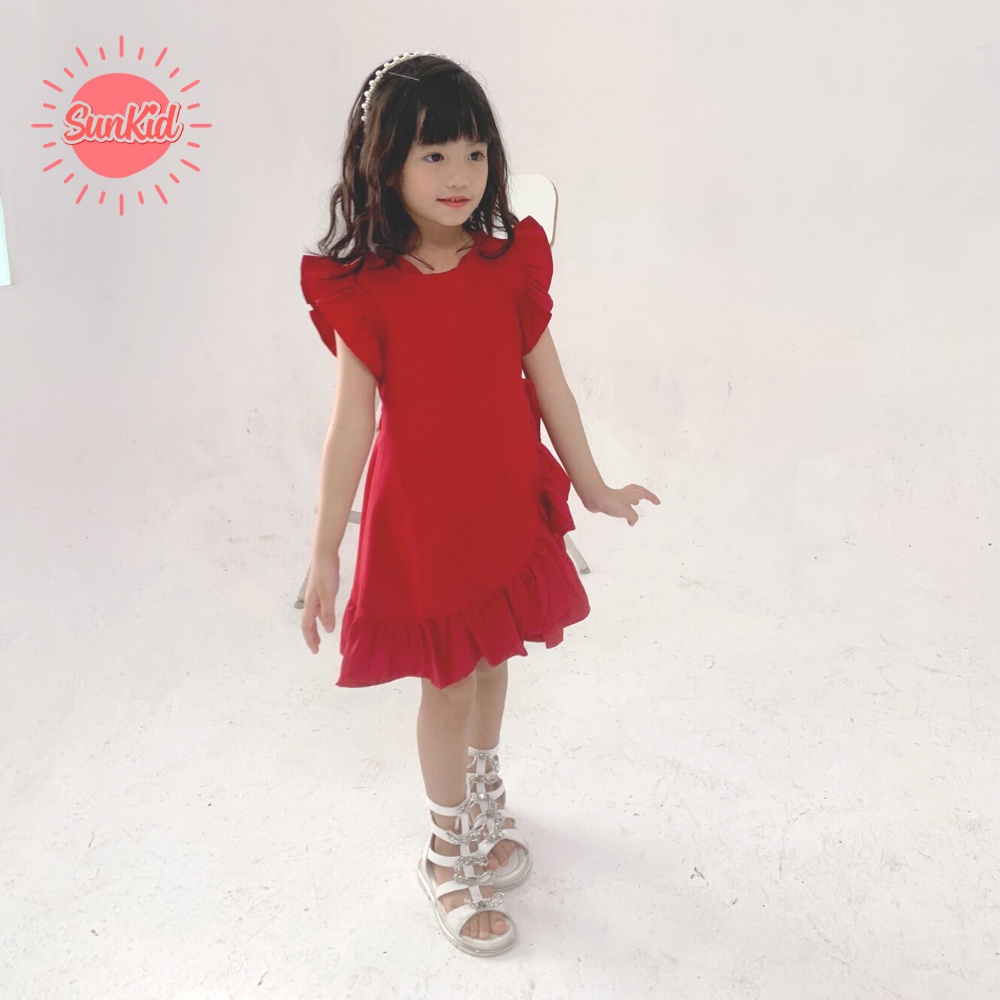 Váy bé gái Sunkid SN4 nhiều màu tay áo cánh tiên, vạt bèo nhúm vải trượt nhật cao cấp size trẻ em 4-12 tuổi