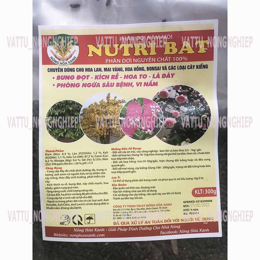 PHÂN DƠI NĂM MOI NGUYÊN CHẤT 100% NUTRI BAT (Túi 300g) - Bung đọt - kích rễ - hoa to - lá dày, Chuyên dùng cho hoa lan