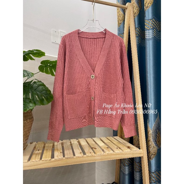 Áo khoác len cardigan cổ tim có túi phối gân from rộng rãi