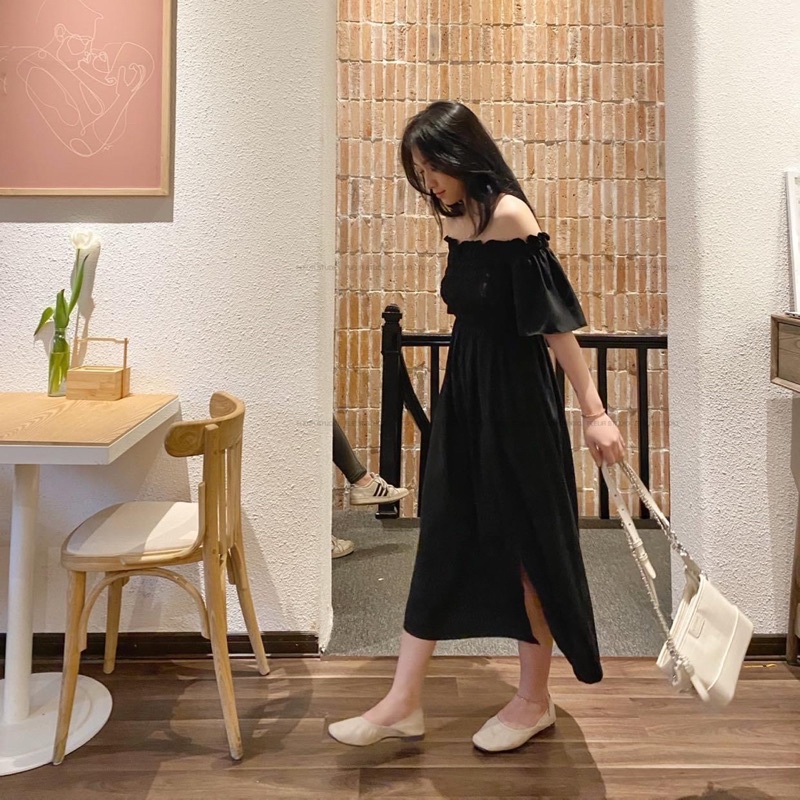 Đầm fleur dài bẹt vai