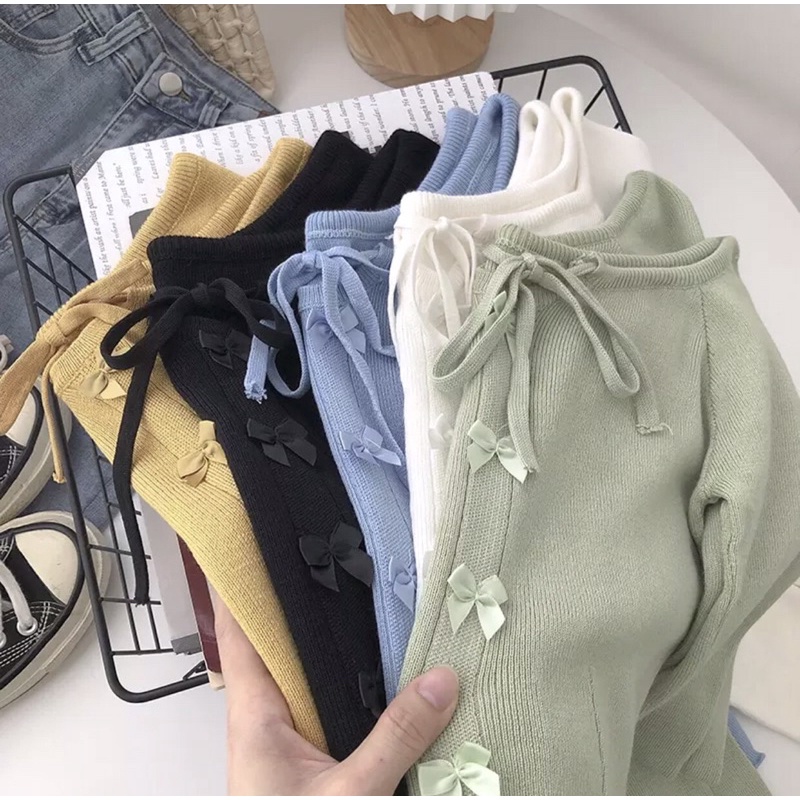 Áo len nữ dài tay Julina đính nơ điệu đà phong cách Hàn Quốc áo len thu đông dáng ngắn cổ vuông trẻ trung điệu đà | BigBuy360 - bigbuy360.vn