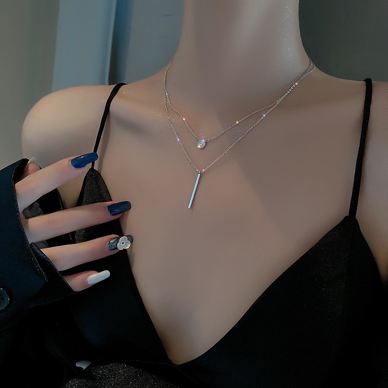 Vòng cổ nữ hai lớp bằng kim loại phối mặt hình vuông màu bạc/vàng kim thời trang