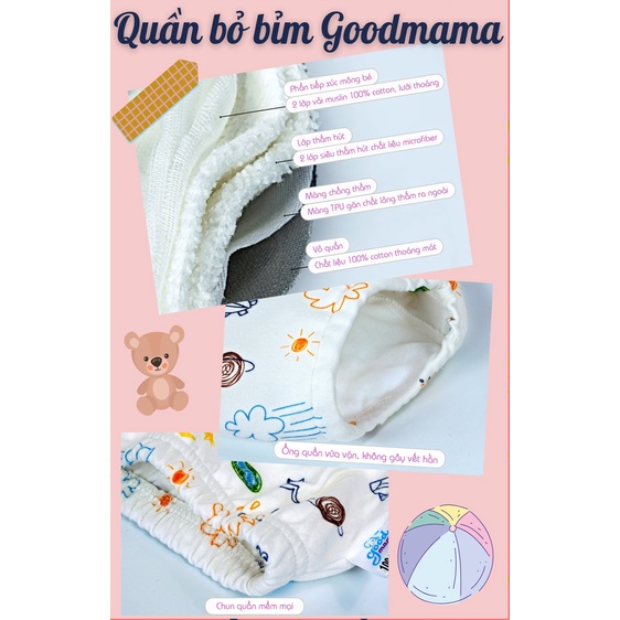 Quần bỏ bỉm cao cấp chính hãng Goodmama, 6 lớp thấm hút mềm mại thoáng mát, size cho bé từ 5-17kg
