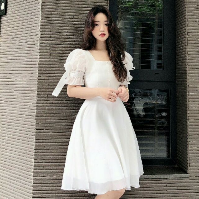 Đầm trắng xòe tay nơ [ KÈM ẢNH THẬT ]