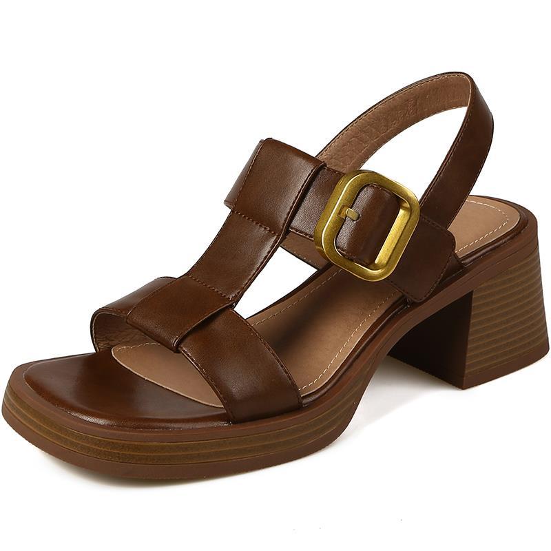 Sandal Đế Dày Da Bò Hình Chữ T Phong Cách Retro Mới