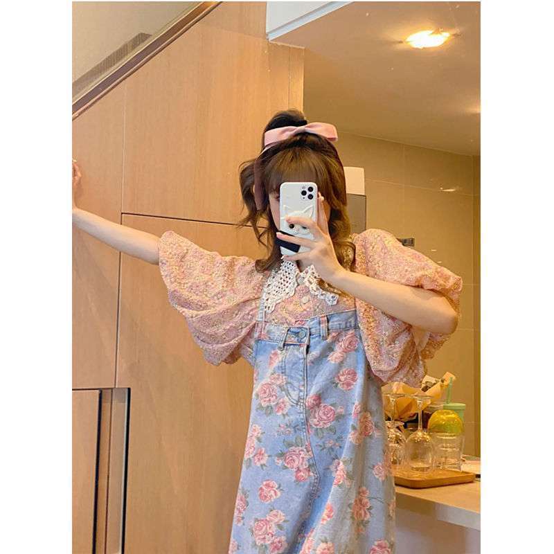 Set áo kiểu + chân váy yếm denim thời trang mới cho nữ