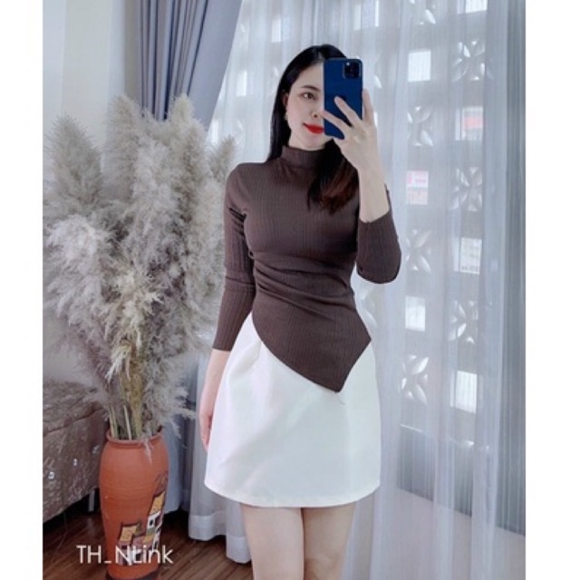 ✓●❍Áo kiểu vạt nhọn lệch cổ 3P, thun tăm dáng ôm dài tay cao AK1392 - NhiNhi Shop