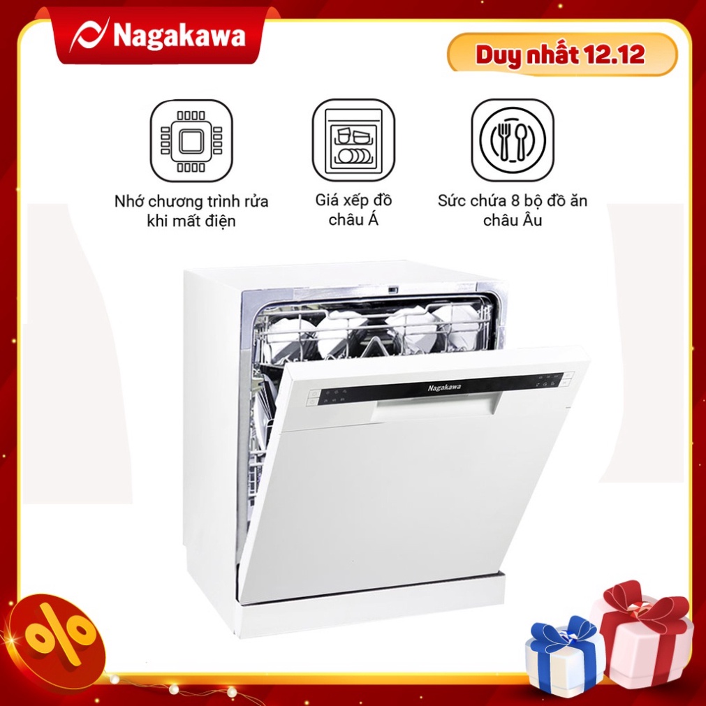 Máy rửa bát 8 bộ cao cấp Nagakawa NK8D61M - Bảo hành 2 năm - Made in Malaysia Hàng chính hãng