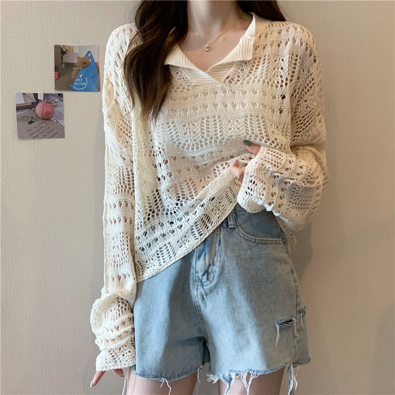 【ZHELIHANGFEI】Áo Dệt Kim Tay Dài Cổ Chữ V Dáng Rộng Xinh Xắn Thời Trang