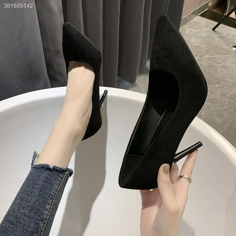 Giày cao gót da lộn mũi nhọn màu đen 5cm 7cm thời trang thu đông dễ phối đồ cho nữ 2021