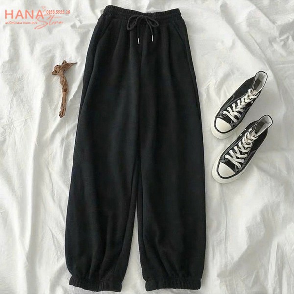 Quần jogger nữ ống rộng cạp chun có dây rút dáng quần nỉ ống rộng da cá boom thun chun bo gấu nữ ở nhà tập gym cá tính