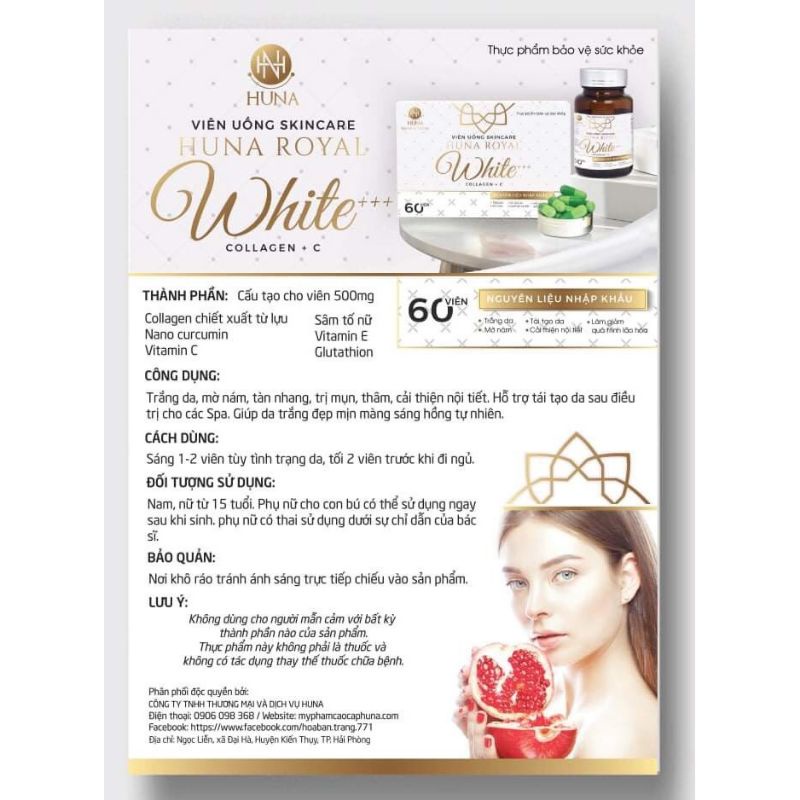 {Tặng mặt nạ}Viên Uống Trắng Da Skincare Huna Royal White+++