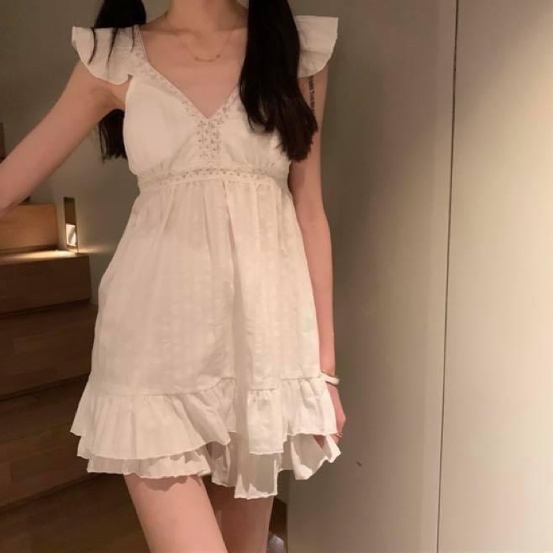 Đầm váy ngủ hai dây bèo voan tầng trắng peplum ngắn kiểu nữ cúp ngực - Order taobao quảng châu