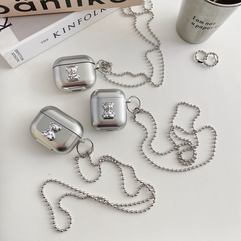 Vỏ bọc TPU mềm nhám bảo vệ hộp sạc tai nghe Airpods 1/ 2 pro 3 mới mạ bạc họa tiết gấu dễ thương