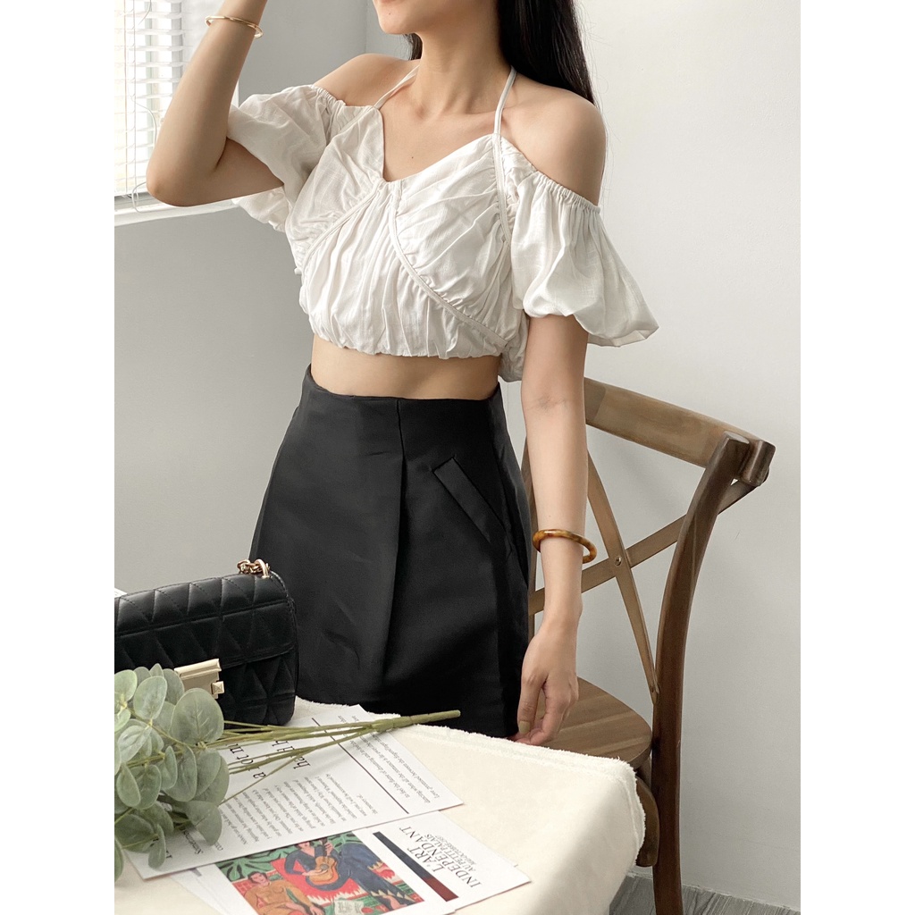 ÁO LINEN NHÚN NGỰC CỘT CỔ_AV1199