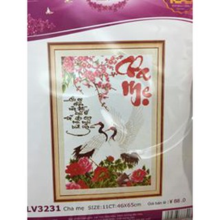 Tranh thêu chữ thập thư pháp cha mẹ kt 46x65cm