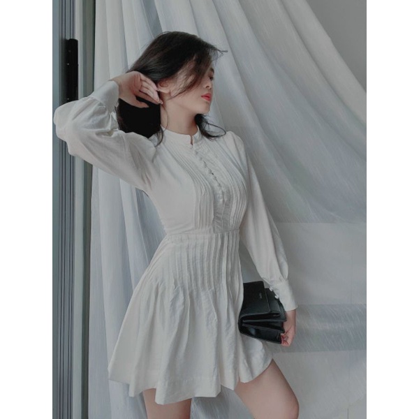 Đầm trắng babydoll nút xếp ly Lin Dress