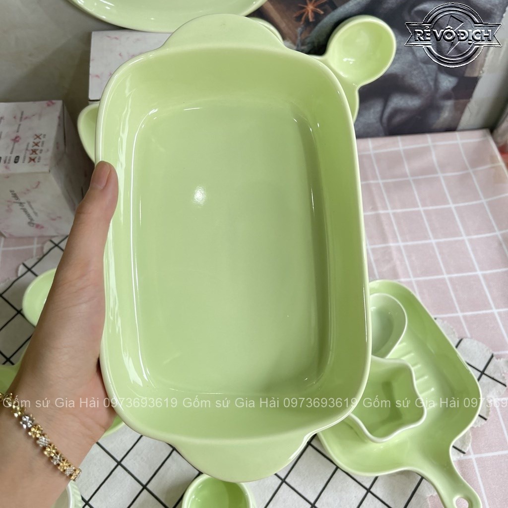 Bộ bát đĩa decor màu xanh lá dễ thương xinh xỉu