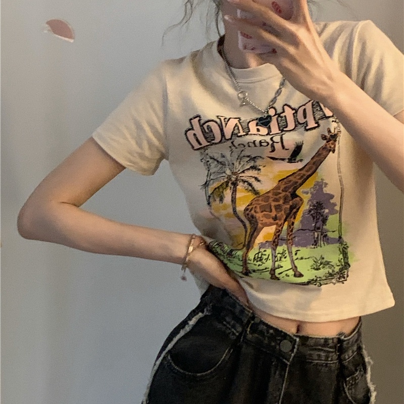 SUXI Áo Thun Tay Ngắn Cổ Tròn Dáng Ôm In Họa Tiết Vintage Thời Trang Mùa Hè Cho Nữ