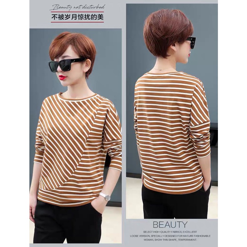 Áo Thun Tay Dài Dáng Rộng Kẻ Sọc Ngang Trẻ Trung Hợp Thời Trang Cho Bạn Gái Trung Niên